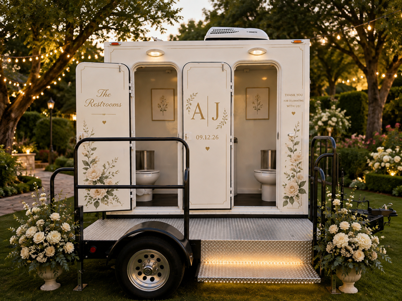 Le Duo at a twilight reception, doors wrapped with a couple's monogram beneath string lights
