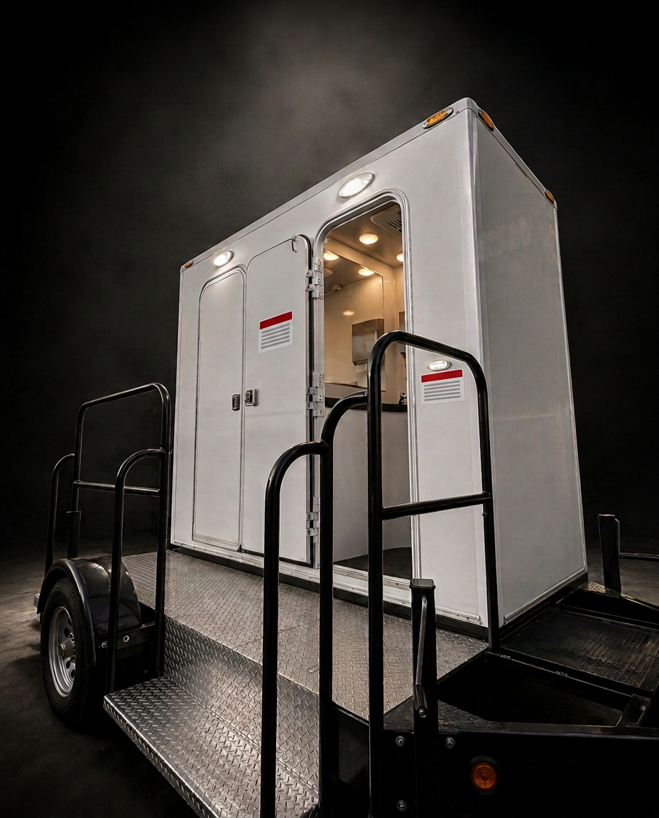Le Duo — two-suite luxury restroom trailer, studio portrait